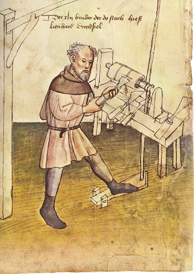Zeichnung eines Drechslers im Mittelalter